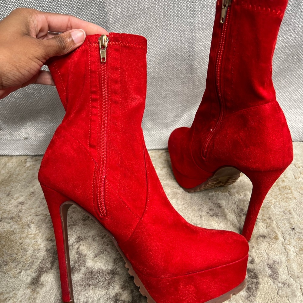 Red Suede High Heel Ankle Boots